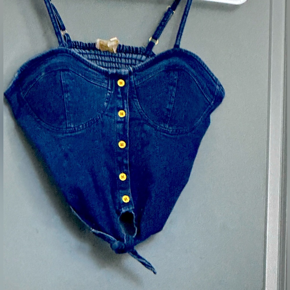 Jean like crop top  with adjustable straps and knot in front of